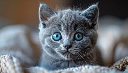 Adorable close-up portrait of a fluffy gray kitten with big blue eyes