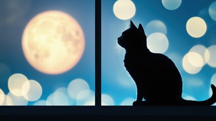 Obraz premium Black shadow of a cat on a rooftop, silhouetted against the moonlit sky.
