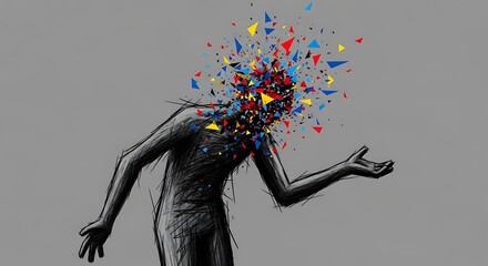 A Sketched Figures Mind Explodes into a Vibrant Chaos of Colorful Triangles.