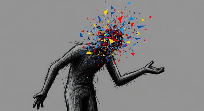 A Sketched Figures Mind Explodes into a Vibrant Chaos of Colorful Triangles.