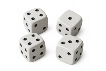 Four white dice tumbling, representing gambling, chance, luck, and probability, on a transparent background
