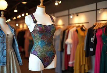 Obraz premium Colorful Glitter Bodysuit Displayed Among Various Dresses in a Fashion Boutique