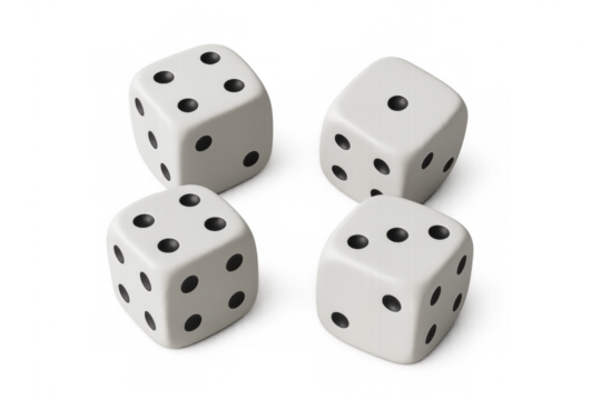 Four white dice tumbling, representing gambling, chance, luck, and probability, on a transparent background