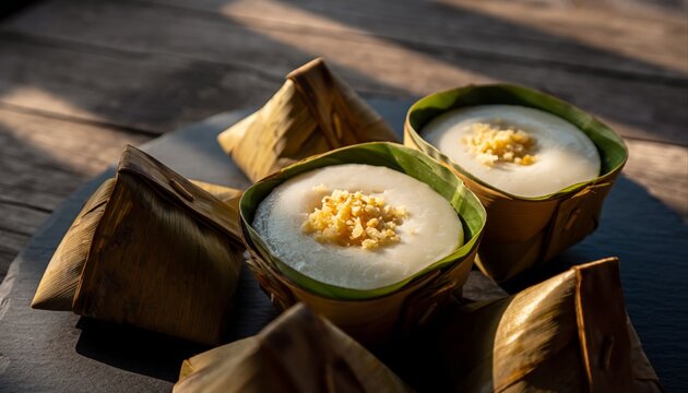 Exotic Thai Khanom Tako Dessert Creamy Coconut Pudding Topped with a Sweet Pandan Layer in Banana Leaf Cups