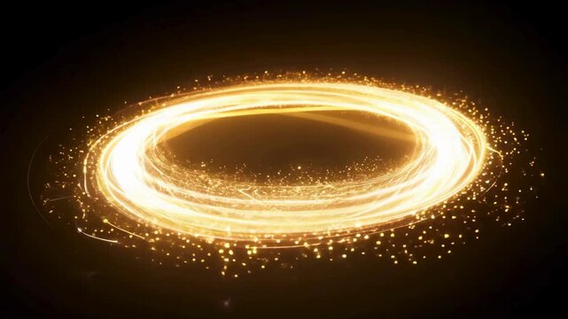 High speed golden light trails rotating in a ring with sparks. Abstract magic energy circle or loading HUD motion background.
