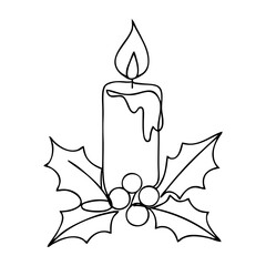 Naklejka premium Logo con dibujo de línea continua de vela de cera encendida con hojas y bayas de acebo para tarjetas y felicitaciones de Navidad