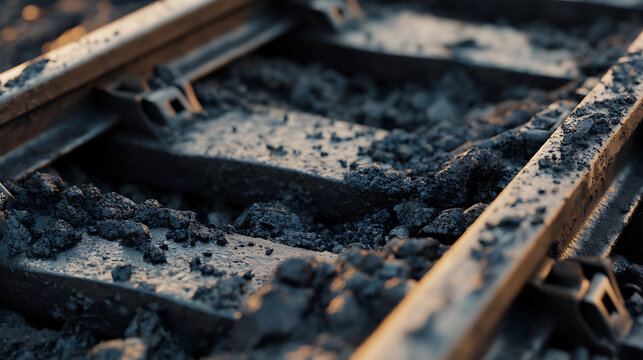 Macro shot of weathered railroad tracks filled with ballast rocks. The rusty metal and coarse gravel evoke a sense of industrial decay and disuse under soft lighting. Close up. - Powered by Adobe