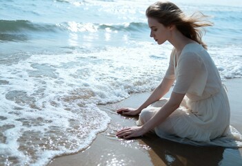 A contemplative woman in a dress sitting on a sandy beach. Young female in profile feeling the ocean wave at the shoreline. Solitude and introspection concept
