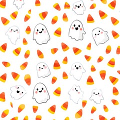 Naklejka premium Colorful Halloween Pattern with Cute Ghosts and Candy Corn Design