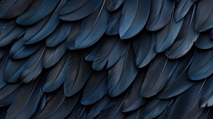 Black eagle feathers detailed in a close up, revealing intricate patterns and texture.