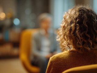 Two people sit in cozy room, one with curly hair in focus and other blurred, engaged in deep, emotional conversation, suggesting therapy or counseling session