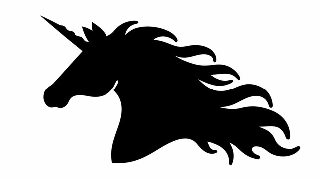Silhouette of a unicorn head with flowing mane and horn in black against a white background design art