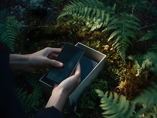 Person practices digital detox by placing smartphone in box surrounded by green ferns and moss in forest, symbolizing mindfulness and nature connection