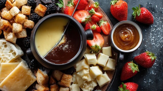 Chocolate and cheese fondue with strawberries and bread