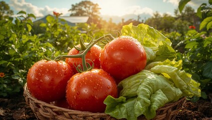 Garden Bounty. Fresh Tomatoes and Lettuce in a Wicker Basket, Bathed in Sunlight.