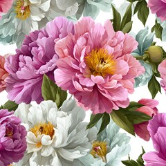 Vibrant Floral Pattern with Colorful Peonies and Green Leaves