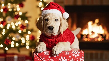 A golden retriever puppy wearing a santa hat and sweater on a christmas gift near a fireplace - Powered by Adobe