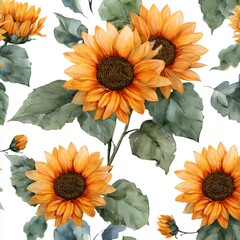 Vibrant Sunflowers with Green Leaves in a Seamless Pattern Design