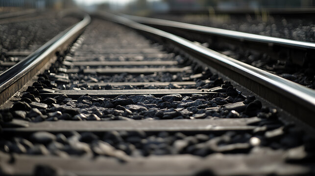 A low-angle view of train tracks receding into the distance, with the rails gleaming in the sunlight and the gravel ballast providing a stark contrast. The essence of travel and adventure.