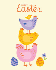 Funny cartoon print with chicken and chicks, Happy Easter text. Birds silhouettes with linear elements.Farm or home birds card or poster template. Card, banner template, poster, cover. Hand drawn