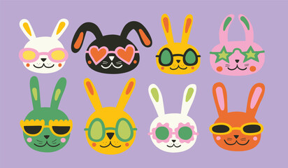 Obraz premium Easter Bunny set. Cute rabbit face in different sunglasses, hare head. Symbol of Great Easter. Cute design elements. Cartoon flat vector collection isolated on violet background. Stickers, print