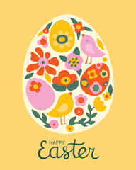 Happy Easter cute greeting card, poster, holiday cover or banner. Trendy design with lettering typography, hand painted flowers, plants, dots, eggs, Easter chick, chicken. Modern art style template