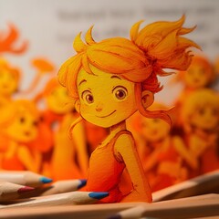 Colorful Cartoon Girl with Bright Hair Surrounded by Pencils