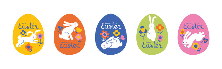 Happy Easter. Bunnies, eggs and flowers. Modern style design illustration, bright colors. Easter rabbirs inside eggs graphic templatr set. Eggs for cards, print, gift tags, stickers, decoration.