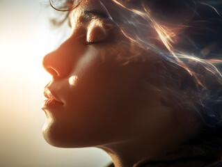 Serene woman with closed eyes illuminated by soft sunlight, ethereal light effects create dreamy, peaceful atmosphere, highlighting relaxation and mindfulness in close up portrait