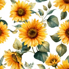 Bright Sunflowers with Green Leaves in a Vibrant Floral Pattern