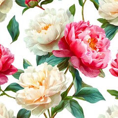 Beautiful Floral Pattern with Colorful Peonies on White Background