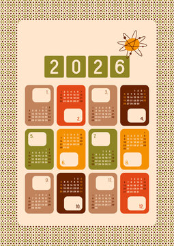 2026 Retro Atomic Calendar - Retro mid-century modern style US year calendar, capsules in retro colors: orange, brown, moss green, beige.