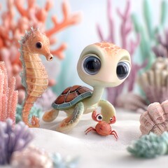 Cute Animated Sea Creatures in Colorful Coral Reef Scene
