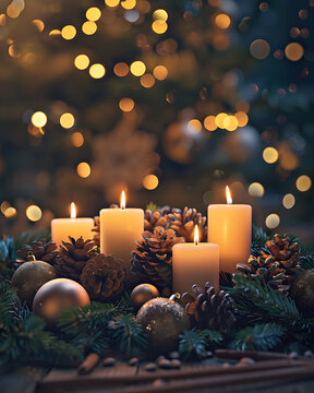Four lit white pillar candles surrounded by pinecones fir branches and gold ornaments with bokeh lights background