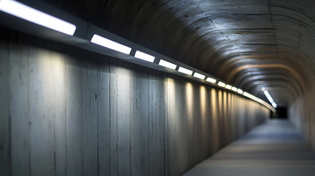 Eerie, captivating tunnel illuminated by a string of lights; geometric architecture creates a captivating perspective. Shadows cast patterns along the walls.