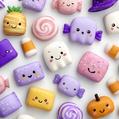 Colorful Cute Cartoon Candy and Desserts with Adorable Characters