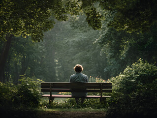 Person sits alone on wooden park bench surrounded by lush green trees and foliage, sunlight filtering through leaves, creating peaceful and contemplative atmosphere