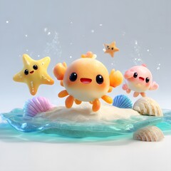 Cute Cartoon Sea Creatures with Shells and Starfish on Beach Scene