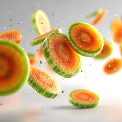 Colorful Slices of Fresh Melon Falling in Mid-Air with Vibrant Colors