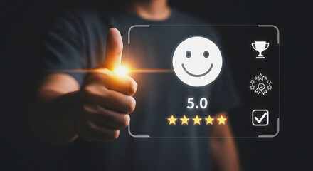 Customer Experience and Service Rating Concept with a Thumbs Up Sign and 5.0 Five Star Satisfaction Review on a Digital Interface Screen