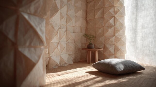 Corner of a room with a wooden floor and a large window on the right side. the wall behind the window is covered with a beige-colored geometric patterned wallpaper.