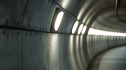 Illuminated Tunnel: A close-up perspective of a curved tunnel with evenly spaced lights along the top. The gray walls show a pattern of rivets, enhancing the industrial feel.