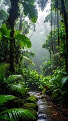Lush rainforest scene, dense foliage, stream, misty atmosphere