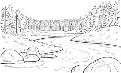 Obraz premium Forest river landscape with trees and rocks nature