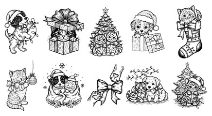 Fototapeta premium Charming doodles of Christmas puppies and kittens engaged in festive activities with wearing Santa hats, holiday design on transparent background