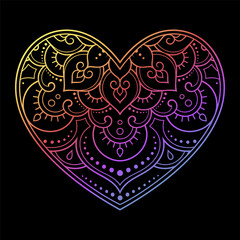 Mehndi flower pattern in form of heart for Henna drawing and tattoo. Decoration in ethnic oriental, Indian style. Valentine's day greetings. Rainbow color pattern on a black background.