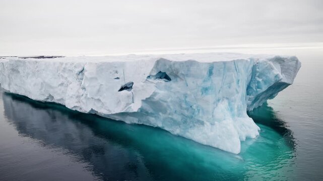 Vast tabular iceberg drifting across calm polar waters, its turquoise submerged ice glowing beneath the surface as frozen cliffs rise under an overcast sky in a pristine seascape