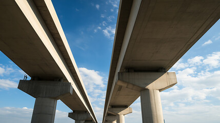 A low-angle perspective captures the geometric grandeur of two parallel concrete elevated railway tracks stretching into the distance against a backdrop of a partly cloudy sky.