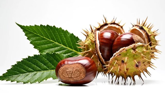 Close up of chestnuts in spiky shells with a green leaf on a white background studio shot
