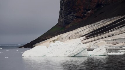 Drifting iceberg against a rugged coastal cliff with layered snow, dark sediment, and calm grey water under an overcast sky, capturing a polar shoreline in a chilly seascape. - Powered by Adobe